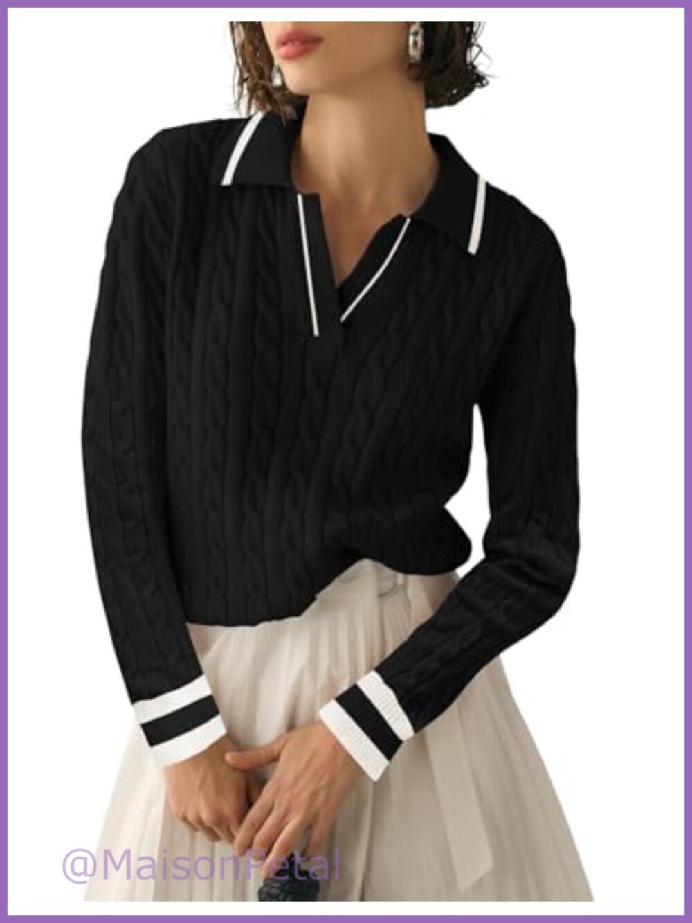 Womens Cable Knit V Neck Pullover Sweater Long Sleeve Soft Jumper Top